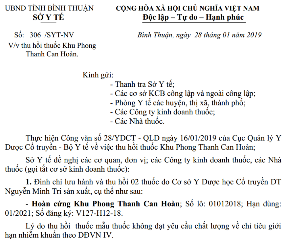 Thu hồi thuốc Khu Phong Thanh Can Hoàn