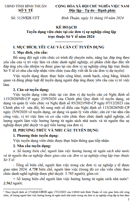 Kế hoach tuyển dụng viên chức tại các đơn vị sự nghiệp công lập trực thuộc Sở Y tế năm 2024