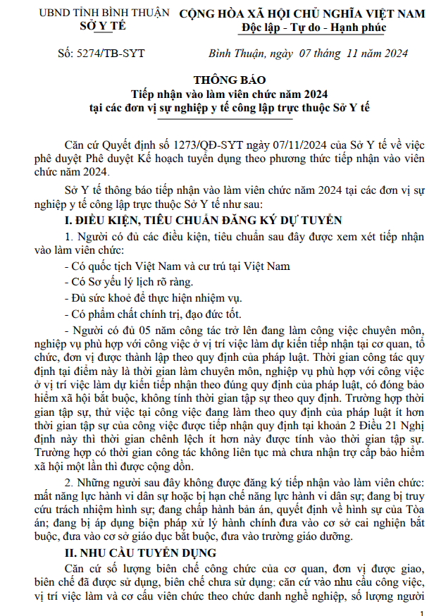 Thông báo tiếp nhận vào làm viên chức năm 2024 tại các đơn vị sự nghiệp y tế công lập trực thuộc Sở Y tế