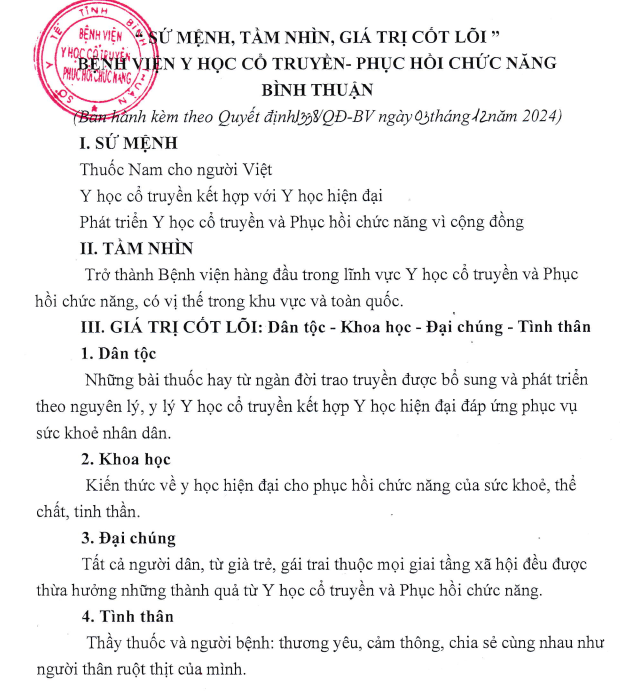 SỨ MỆNH - TẦM NHÌN - GIÁ TRỊ CỐT LÕI CỦA BỆNH VIỆN Y HỌC CỔ TRUYỀN - PHỤC HỒI CHỨC NĂNG TỈNH BÌNH THUẬN