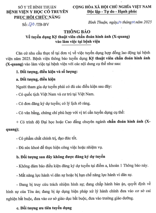 Thông báo về tuyển dụng kỹ thuật viên chuẩn đoán hình ảnh (X-Quang) 