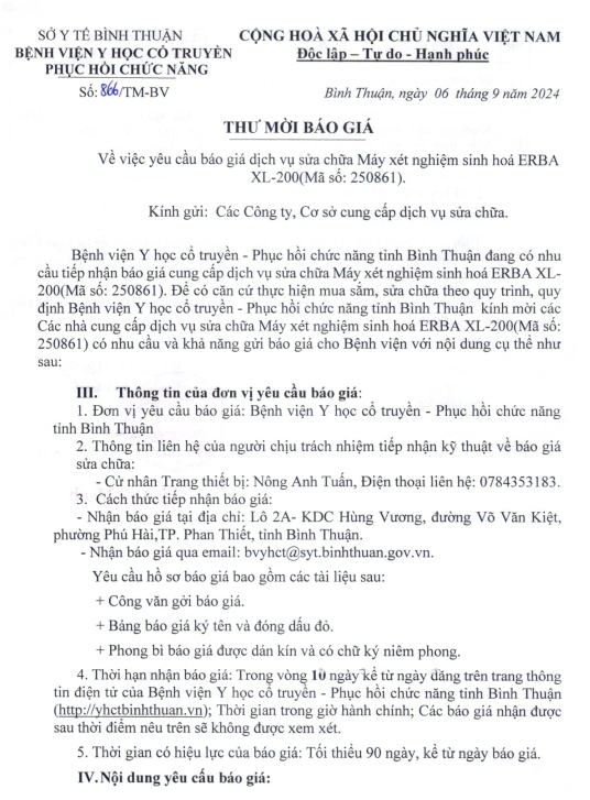 Thư mời chào giá về việc yêu cầu báo giá dịch vụ sửa chữa Máy xét nghiệm sinh hóa ẺBA XL-200