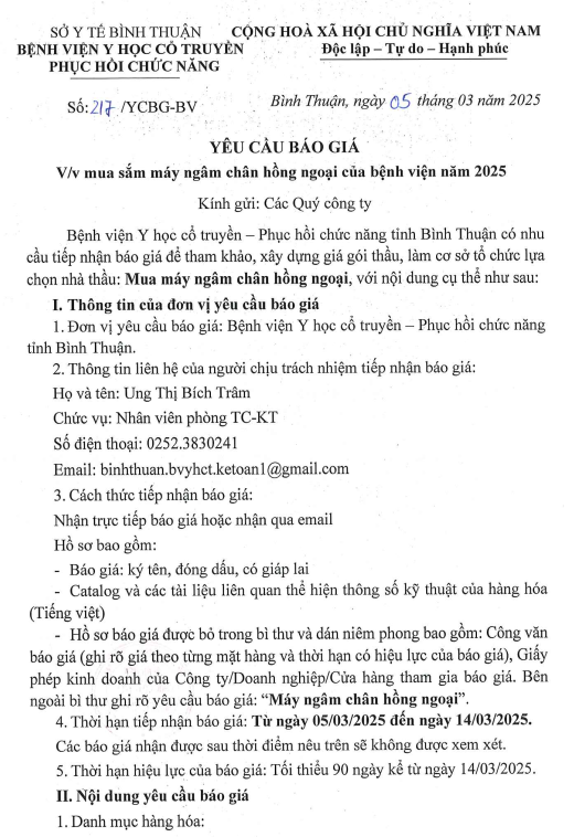 Yêu cầu báo giá về việc mua sắm máy ngâm chân hồng ngoại của bệnh viện 2025