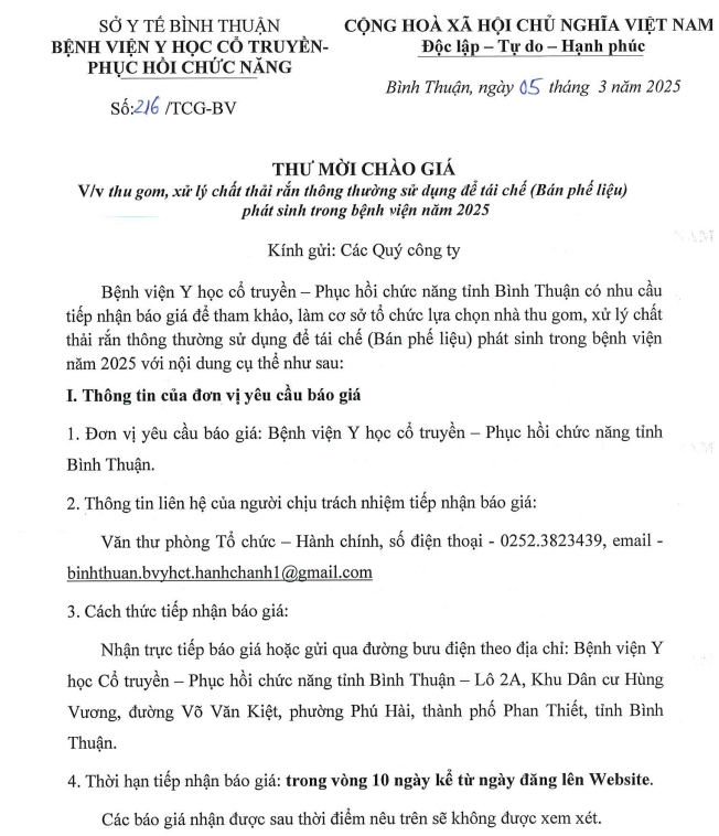 Thư mời chào giá về việc thu gom, xử lý chất thải rắn thông thường sử dụng để tái chế (Bán phế liệu) phát sinh trong bệnh viện năm 2025