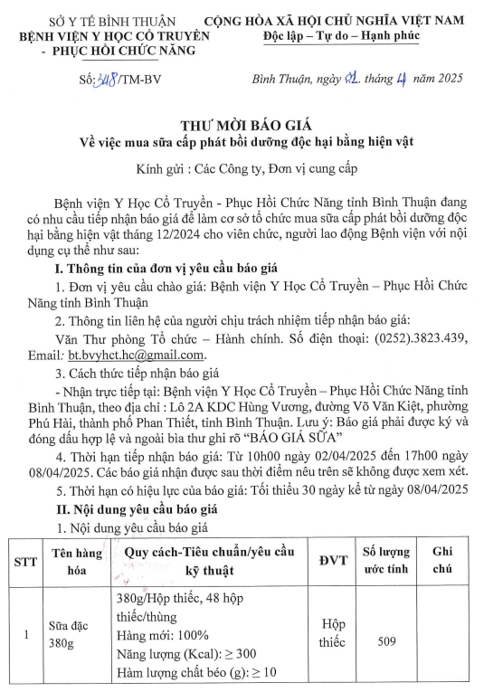 Thư mời chào giá về việc mua sữa cấp phát bồi dưỡng độc hại bằng hiện vật