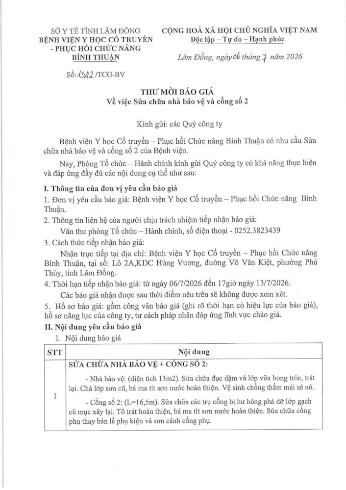 Thư mời báo giá về việc sửa chữa nhà bảo vệ và cổng số 2